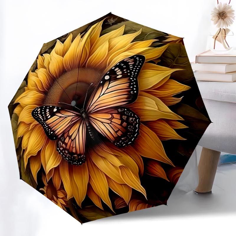 1pc Sunflower & Butterfly Automatic Umbrella Design, Cute Cartoon Pattern, Portable Outdoor Umbrella, Perfect A082