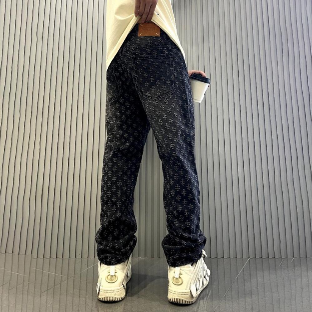 Jacquard Pattern Denim Pants Male Straight Fitting Baggy Bottoms Distressed Wide Jeans for Men