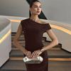 Women Summer European Style Slimming Off-shoulder Sexy Solid Color Maxi Dress