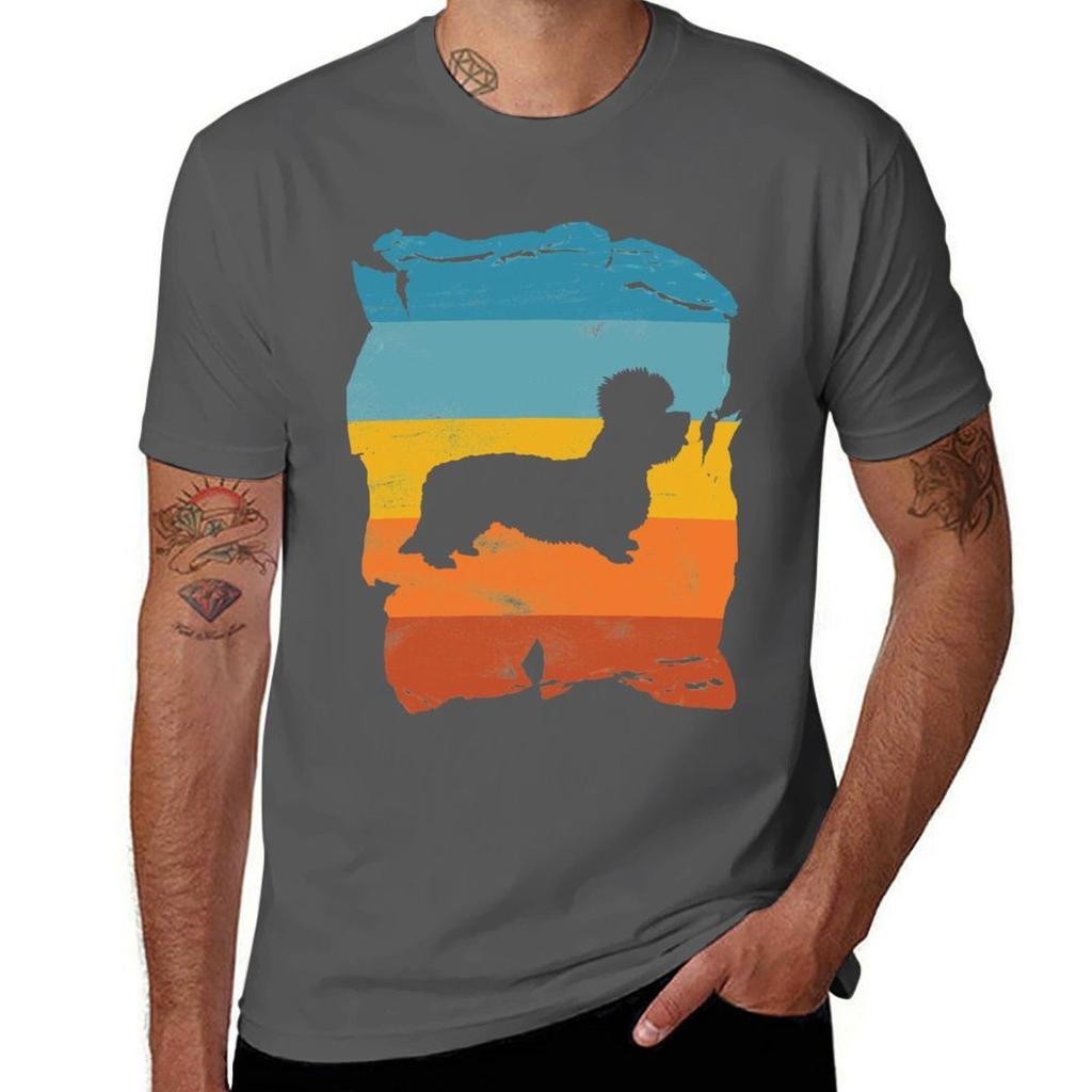 Dandie Dinmont Terrier Distressed Vintage Retro Silhouette TShirt Basic Crew Neck Short Sleeve Top