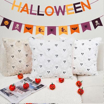 Capa de Almofada Decorativa de Halloween Macia de Pelúcia para Sofá Cama Quarto com Design 3D Bordado de Fantasma Abóbora