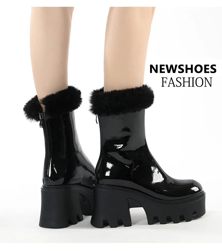 Fashion 2025 New Women's Boots Autumn and Winter Plush Neckline Warm Black Round Head Locomotive Retro Cool Thick Bottom Horse Boots