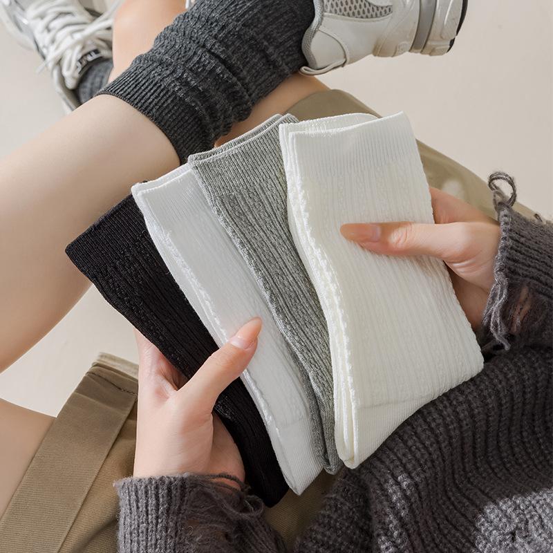 5 Pairs Boneless White Socks Women's Mid-calf Socks Autumn and Winter Cotton Tide Grey Double Needle Anti-pilling Long Stacked Socks