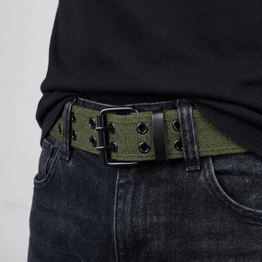 Double Row Canvas Waist Belt Metal Buckle Woven Belts Double Row Buckle Belt Leisure Wear