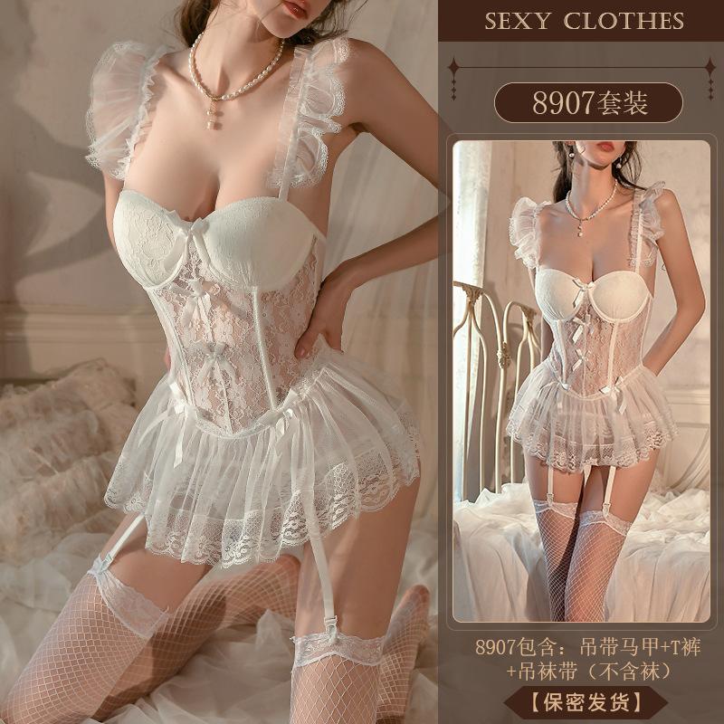 Erotic Underwear Sexy Pure Desire Lace Seductive Steel Ring Gathering Vest Pajamas Halter Socks Women's Set 8907