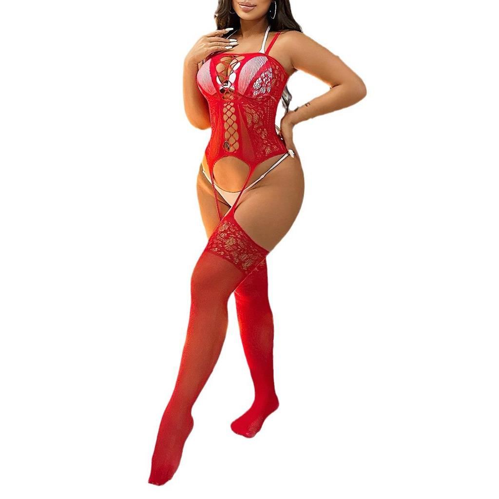 Sexy European & American Fishnet Bodystocking with Open Crotch & Suspender Design, Non-slip & Transparent, Style W803