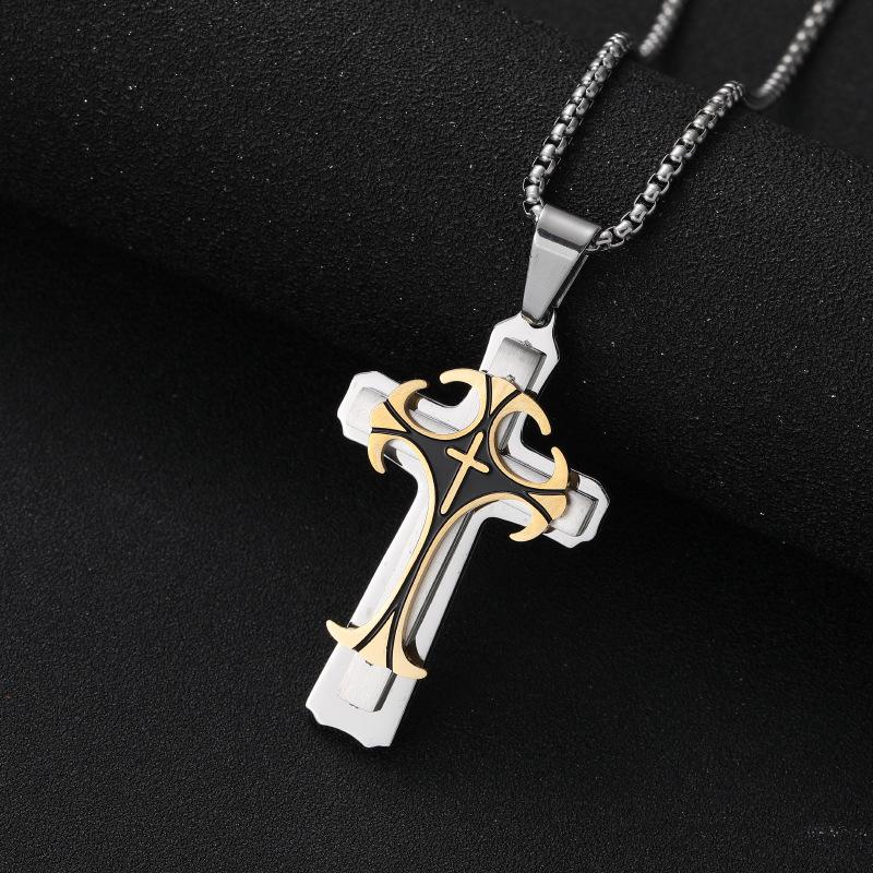2026 European and American Jewelry Three-layer Cross Pendant Trendy Men s Necklace Sweater Chain 60CM