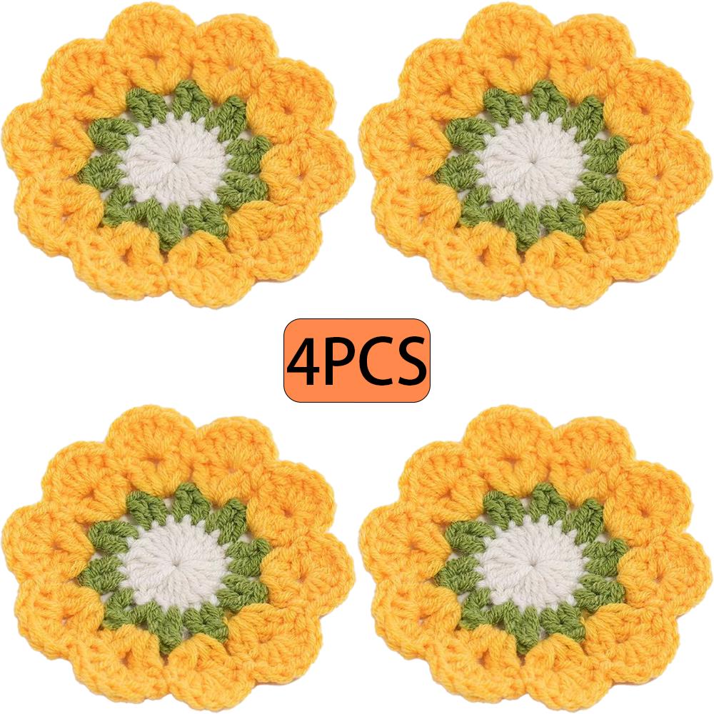 

Набор из 4 хлопковых подставок ручной вязки крючком, художественные плетеные изоляционные подкладки, домашние украшения для декора рабочего стола под кофейные чашки 4pcs жёлтый