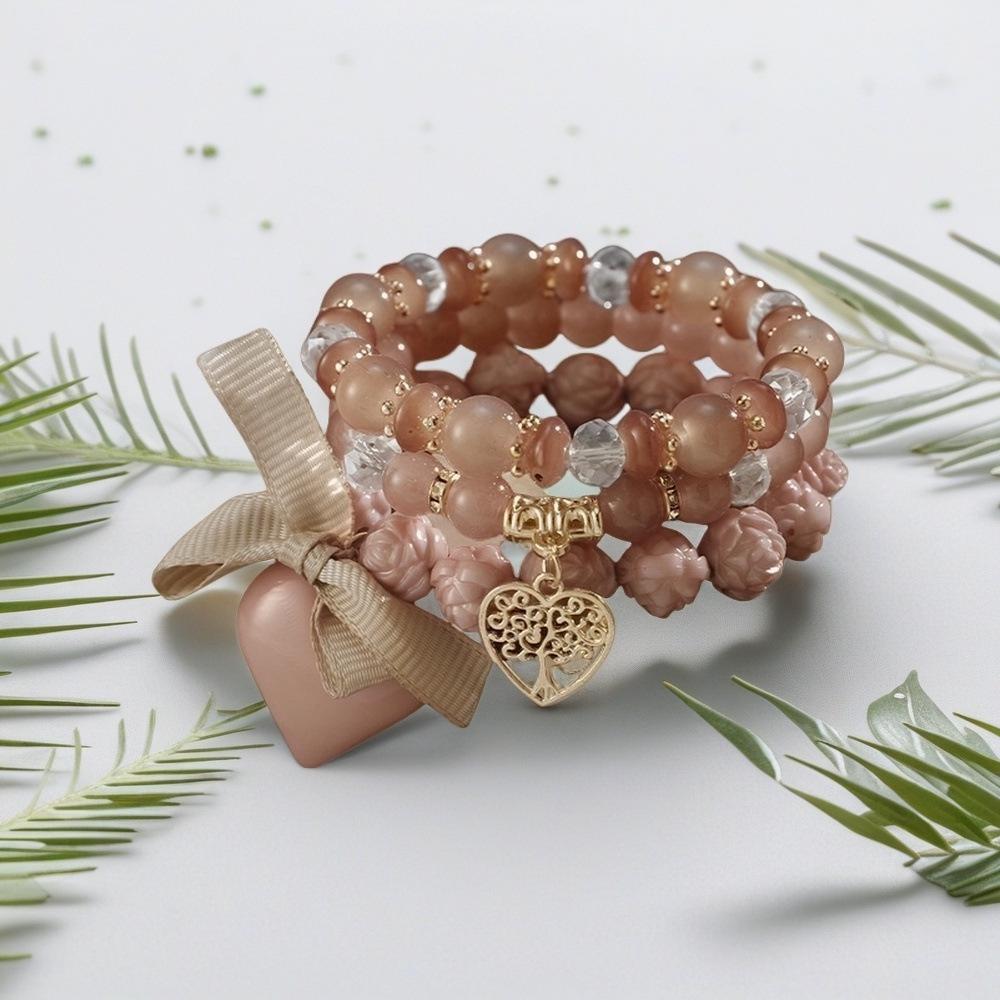 Bohemian Multi-Layer Beaded Bracelet with Peach Heart, Tree of Life, Bow Knot, and Crystal Accents