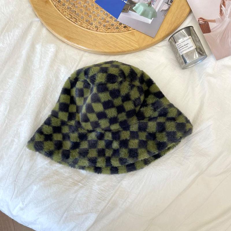 Plaid Fashion Checkerboard Plush Fishermans Hat Female Autumn And Winter Warmth