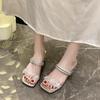Transparent rhinestone square head slippers 2025 summer new light luxury high heel fashion word with thick heel outer wear crystal heel