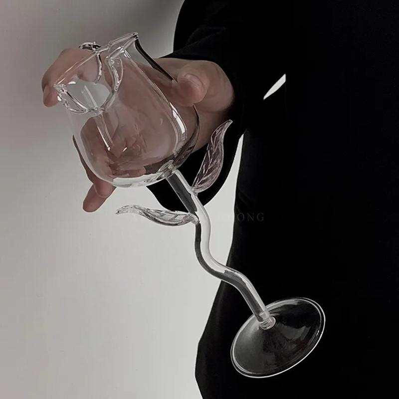 Creative Cocktail Glass Clear Rose Shape Wine Glass with Clear Leaves Glasses Shot Glass Cup Wedding Table Decoration Gift