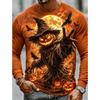 Men Long Sleeve T‑Shirt Halloween Scarecrow Witch Hat Pumpkin Bat Moon Print Crew Neck Horror Party Tops