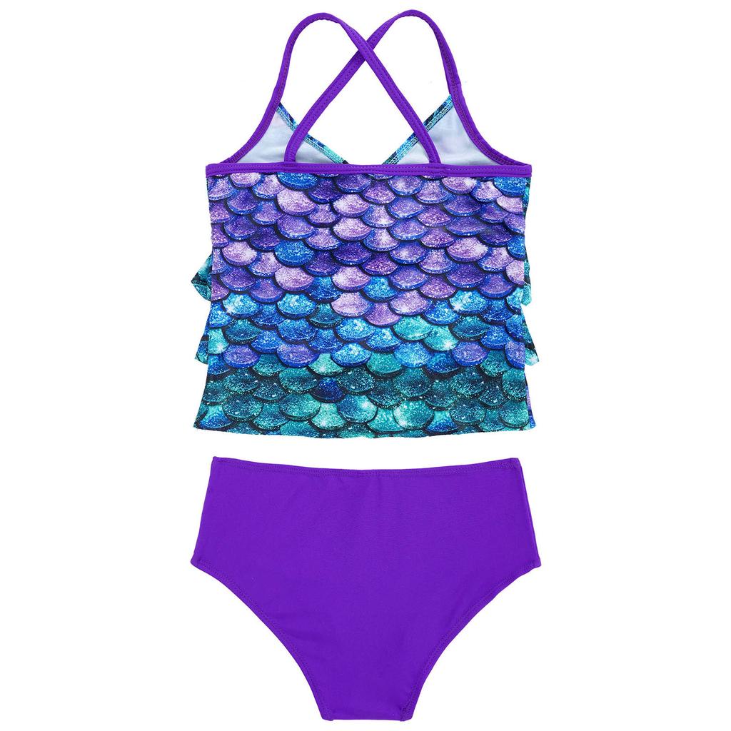 2Pcs Bikini Mermaid Swimwear Children Girls Spaghetti Straps Swim Top with Bottoms Ruffle Swimsuit