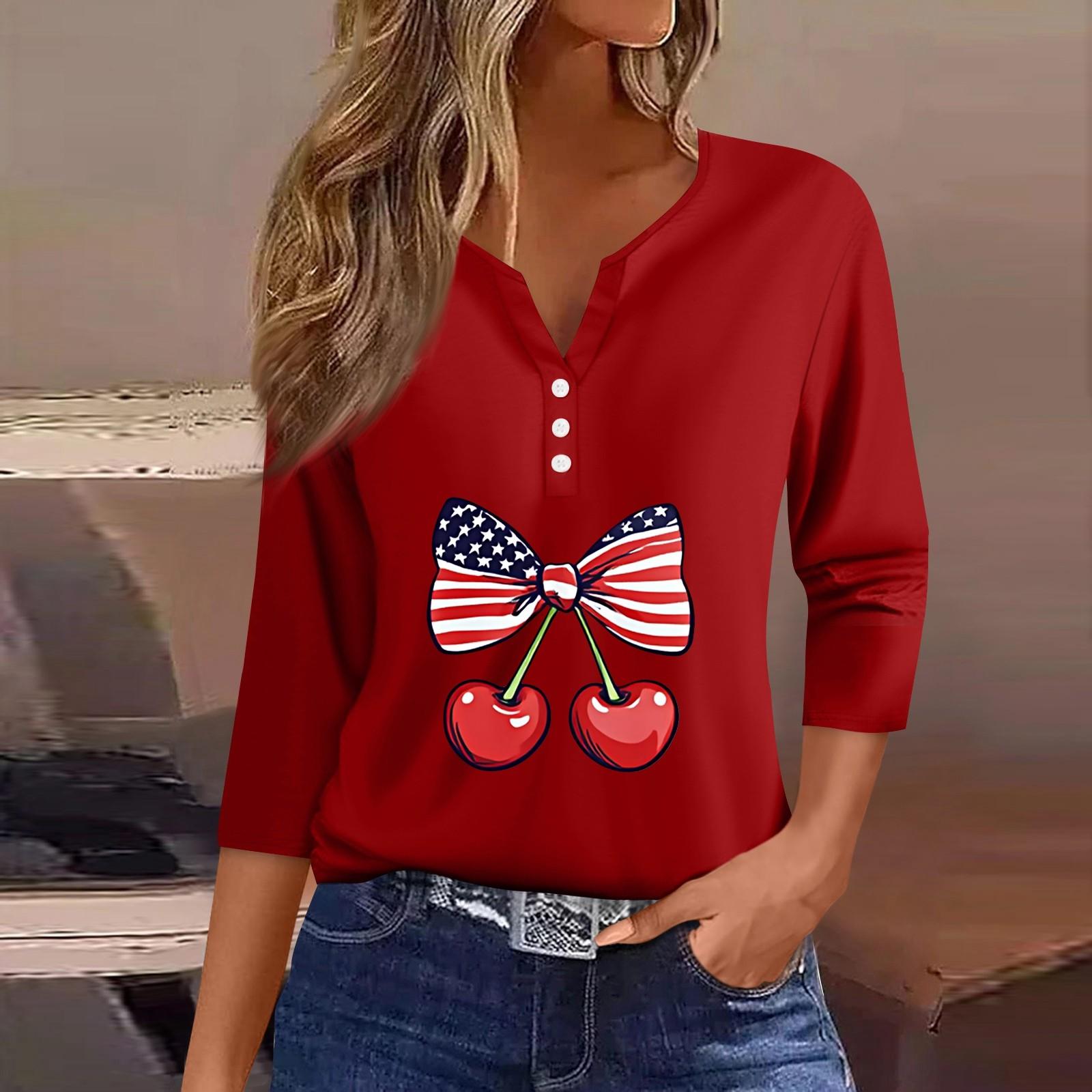 

Жіноча футболка з принтом на ґудзиках, рукав 3/4, повсякденна мода на вихідні, базовий V-подібний виріз, звичайний топ M червоний