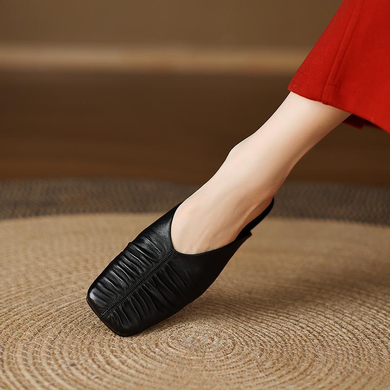Fashion Muller Slippers Women Pumps Square Toe Genuine Leather Slippers Spring Summer Concise Casual Working Shoes Woman Ladies Shoes