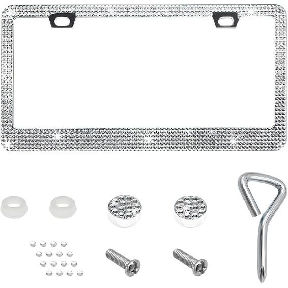 Bling License Plate Frame, Sparkly Rhinestone Car Tag Cover with Glittery Screw Caps, Stainless Steel Handcrafted Crystal Licence Plate Holder for