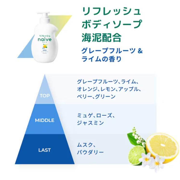 Naive Refresh Grapefruit Lime Scent Liquid Body Soap Set of Includes Aronheur Original Mask Case [10% More] & Refill, 396ml, 2,