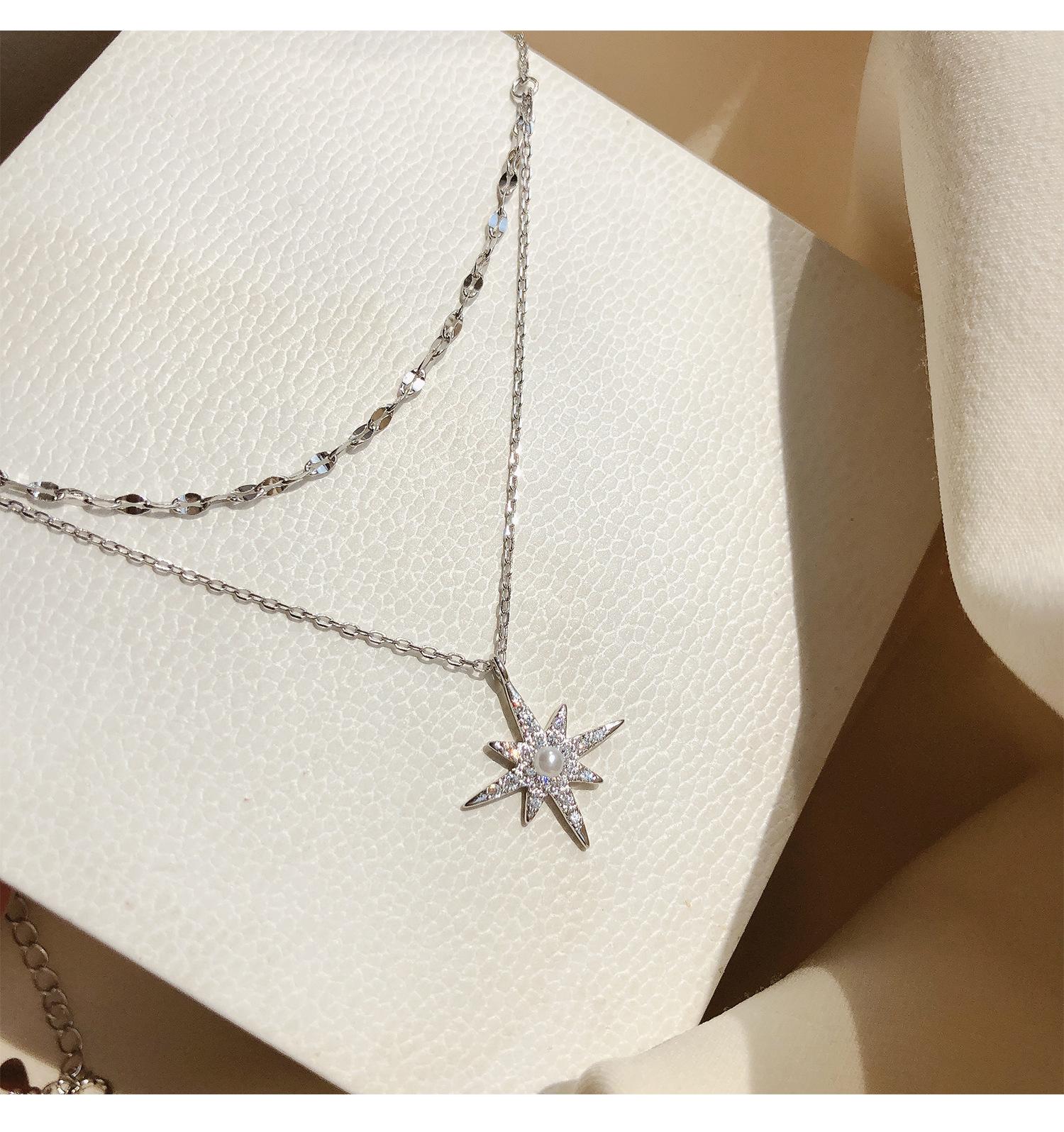 CIAXY Silver Color Stars and Moon Inlaid Zircon Necklace Women Double-layer Clavicle Chain Choker Necklace  Jewelry