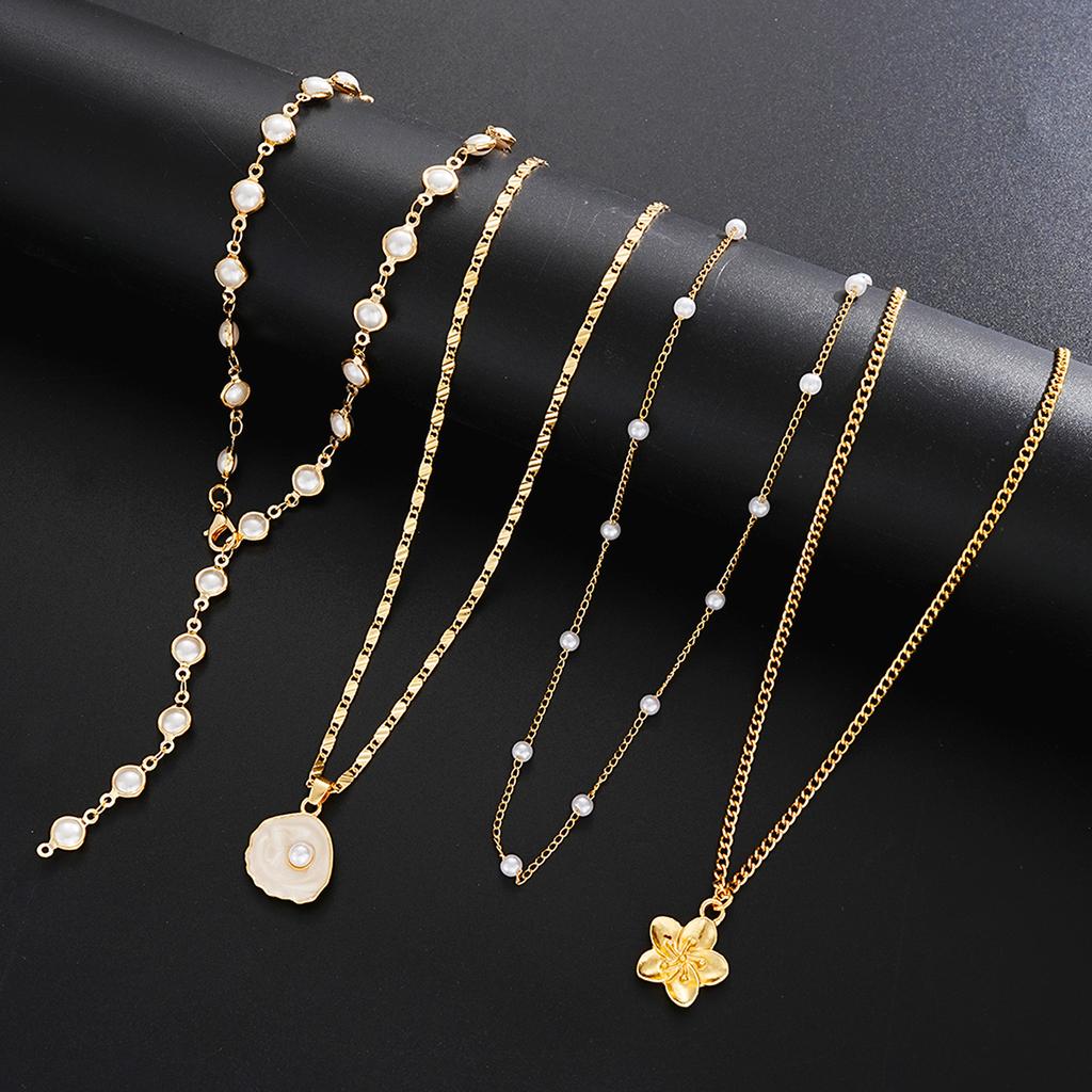 4pcs Vintage Bohemian Metal Shell Pearl Flower Pendant Tassel Necklace Set for Women Daily Wear Beach Vacation Jewelry Gifts New