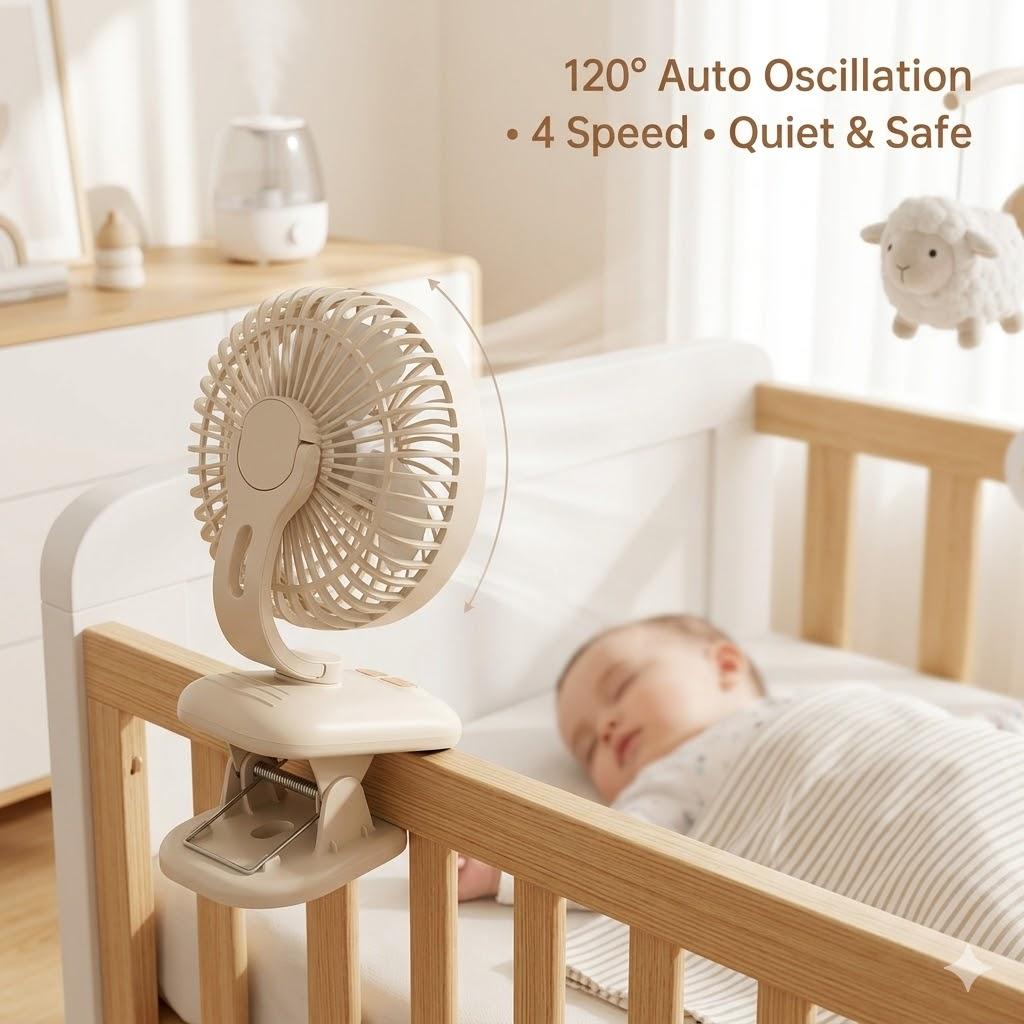 2000mAh Clip on Stroller Fan Rechargeable Portable Desk Fan with 4 Speed Settings 120° Auto Oscillation Baby Stroller Parts