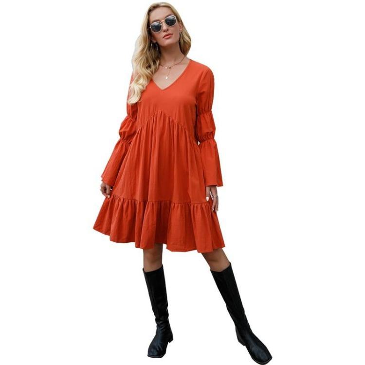 Bohemian Women Summer Dress Loose V-Neck Big Swing Ruffle Above Knee Full Sleeve Solid Color Holiday Spring Dress M-3XL