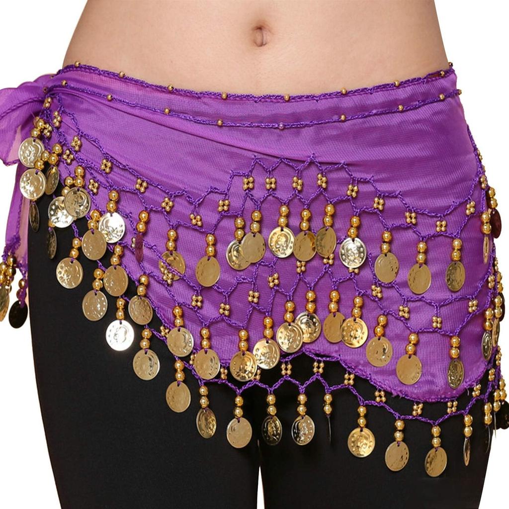 Belly Dance Hip Scarf, Women's Chiffon Belly Dancing Scarf with 128 Coins for Yoga Class