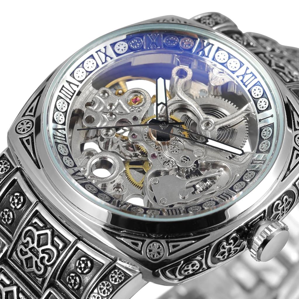 BOLYTE Skeleton Mechanical Square Vintage Engraved Steel Bracelet Deployant Retro Gift for Silver Men's Watch, Automatic, Case, & Clasp, Him,