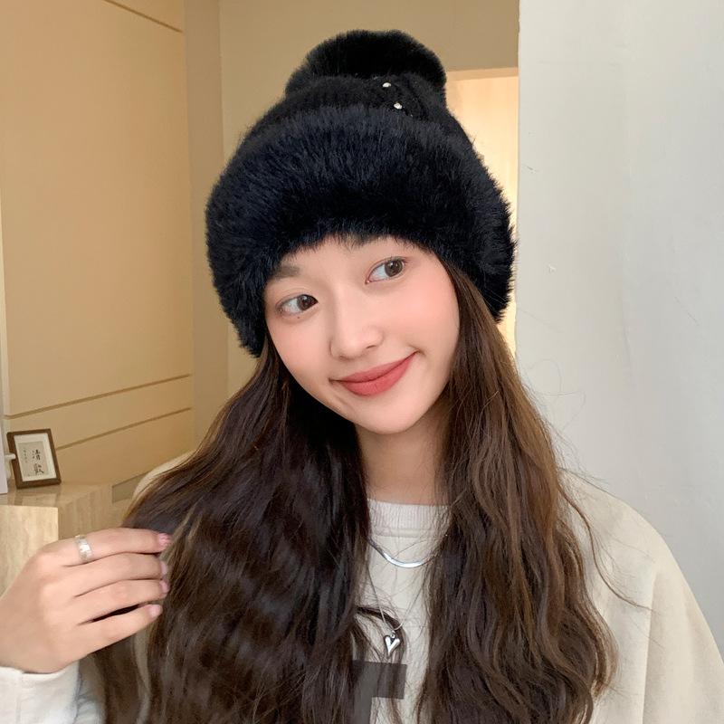 Autumn and winter hat female rabbit fur knitted wool hat winter warm and cold hat solid color versatile ear protection hat
