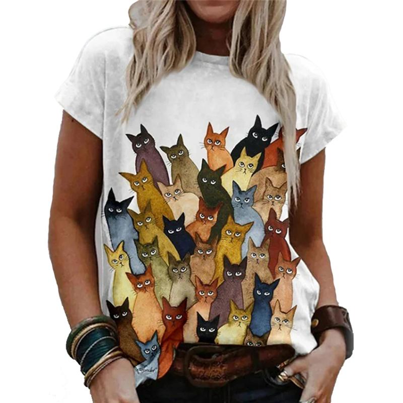 

Женская футболка с цветочным принтом в стиле ретро, ​​летняя повседневная свободная футболка с круглым вырезом и короткими рукавами, топ размера, женская футболка с мультяшным котом 6XL