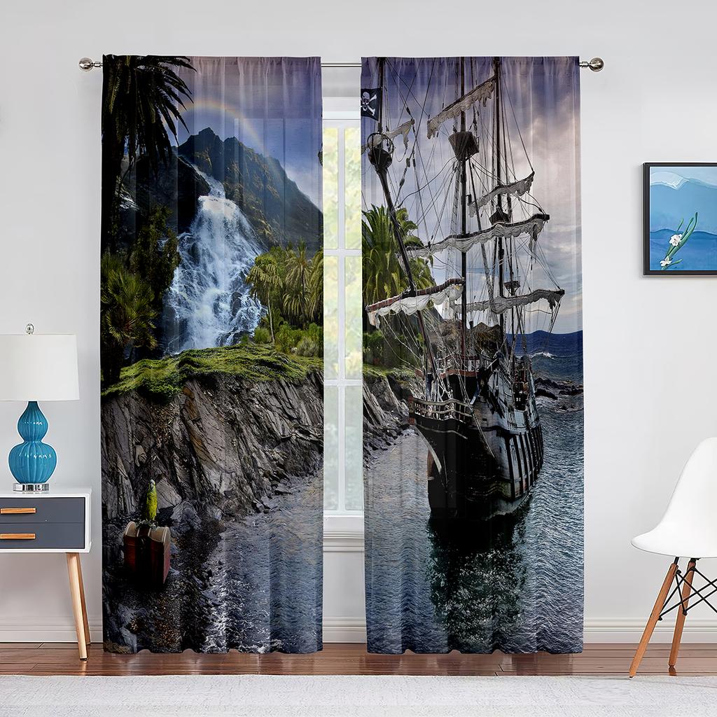 Pirate Ship Nautical Fantasy Ocean Starry Sky Tulle Curtains for Living Room Bedroom Kitchen Window Chiffon Sheer Curtain Blinds