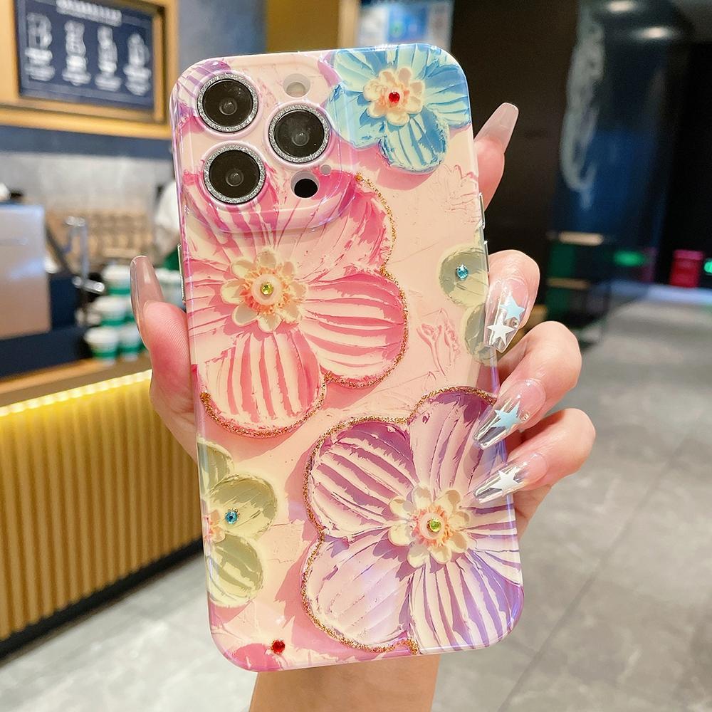 Fashion Blue Pink Purple flowers Pattern Phone Case with lens protective film For iphone 15 14 13 12 Pro Max 11 15plus 12pro Soft silicone Back Cover