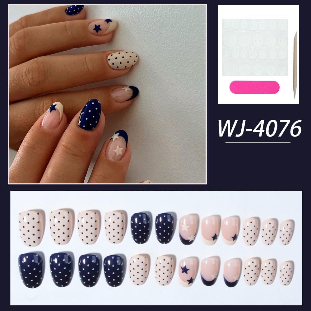 24pcs Oval Star Polka Dot Nail Stickers, Acrylic , Perfect Fit, Set Includes: 1pc Jelly Gel And 1pc Nail File. Short Nai