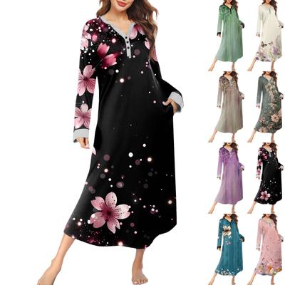 Women's Nightgown Fashion Printed Long Housecoat V Neck Pajamas With Pockets Dress
