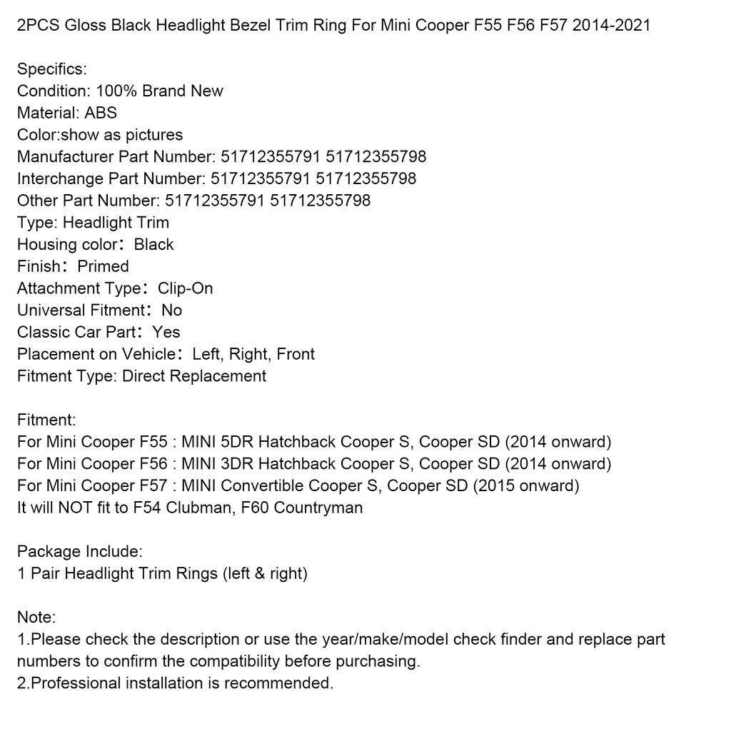 2 SZT. Błyszczące czarne obwódki reflektorów do Mini Cooper F55 F56 F57 14-21