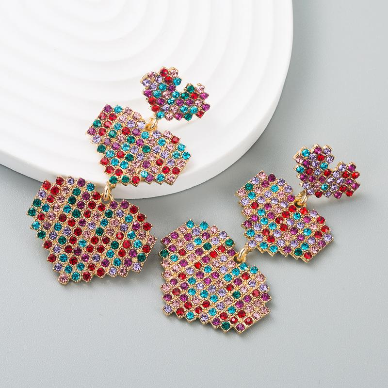 Cercei de damă exagerați lungi în formă de dragoste, din aliaj de cristal complet, cercei cu strasuri de culoare