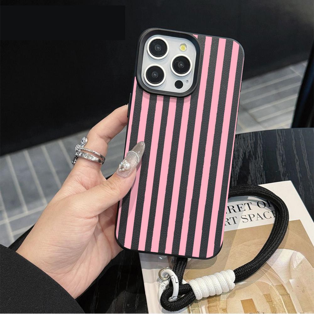 Striped Couple INS Hand Wrist Strap Case For iPhone 13 11 12 Pro Max Cases iPhone 15 17 14 16 Plus Minimalist With Lanyard Cover