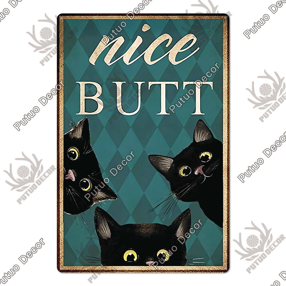 Putuo Decor Black Funny Cat Metal Sign Vintage Plaque Metal Retro Animals Tin Poster for Living Room Home Decoration Wall Decor