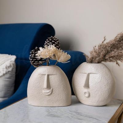 Homes Ceramic Flower Vase | Set of 2 | Upbeat Face Vase 5.5 Inches & Blowing Kiss Face Vase 6 Inches (White, Satin Matte Finish)