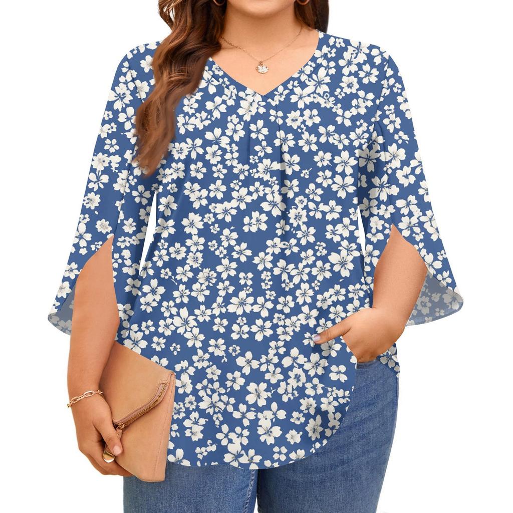 Women's Prined V-neck Plus Size Tops 3/4 Sleeves Elegant Shirt Tops