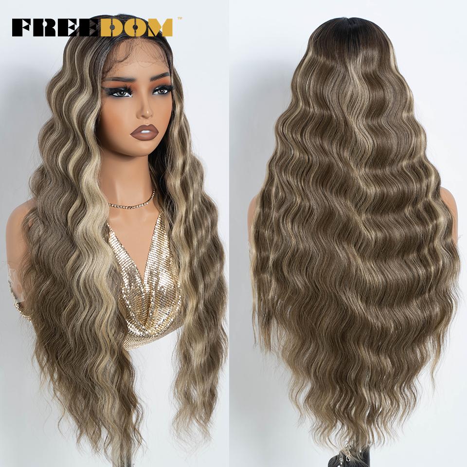 

FREEDOM Synthetic Lace Front Wigs For Women 28 Inch Big Deep Wavy Wig Ombre Brown Blonde Highlight Wig Deep Cosplay Lace Wigs (as the picture,28inches)