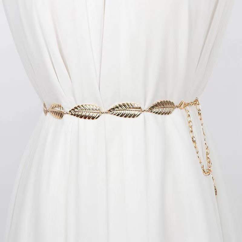 Women's Simple Decorative Thin Belt Versatile Dress with Large Metal Leaves and Fashionable Small Belt Skirt