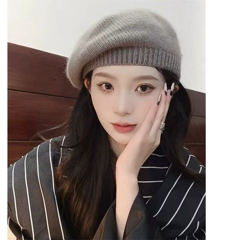 Matcha Grün Kaninchenfell Baskenmütze für Damen Herbst und Winter Literarische Retro Malermütze Vielseitige Mode Strickmütze Wollmütze