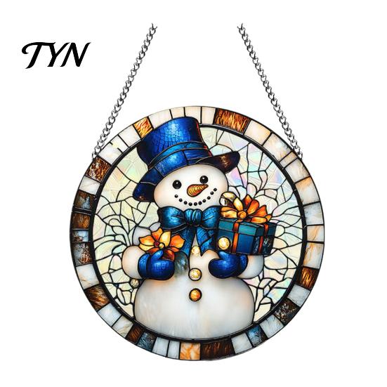 Durable Acrylic Holiday Signage Christmas 2D Hanging Ornaments, Stained Glass Style Snowman Santa Snowflake Lightweight Wall Ornaments Window