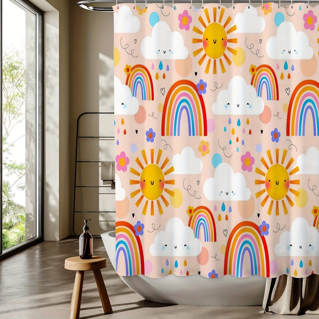 Sun Cloud Rainbow Cartoon Digital Print Shower Curtain - Machine Washable, Non-Woven Polyester,All-Season Bathroom/Home Decor