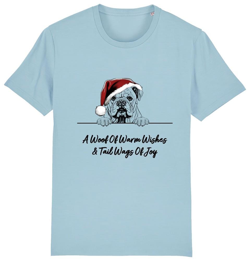 

ENGLISH BULLDOG Christmas Dog T-Shirt Adults Kids Woof Wishes Tail Wags Joy XMAS S