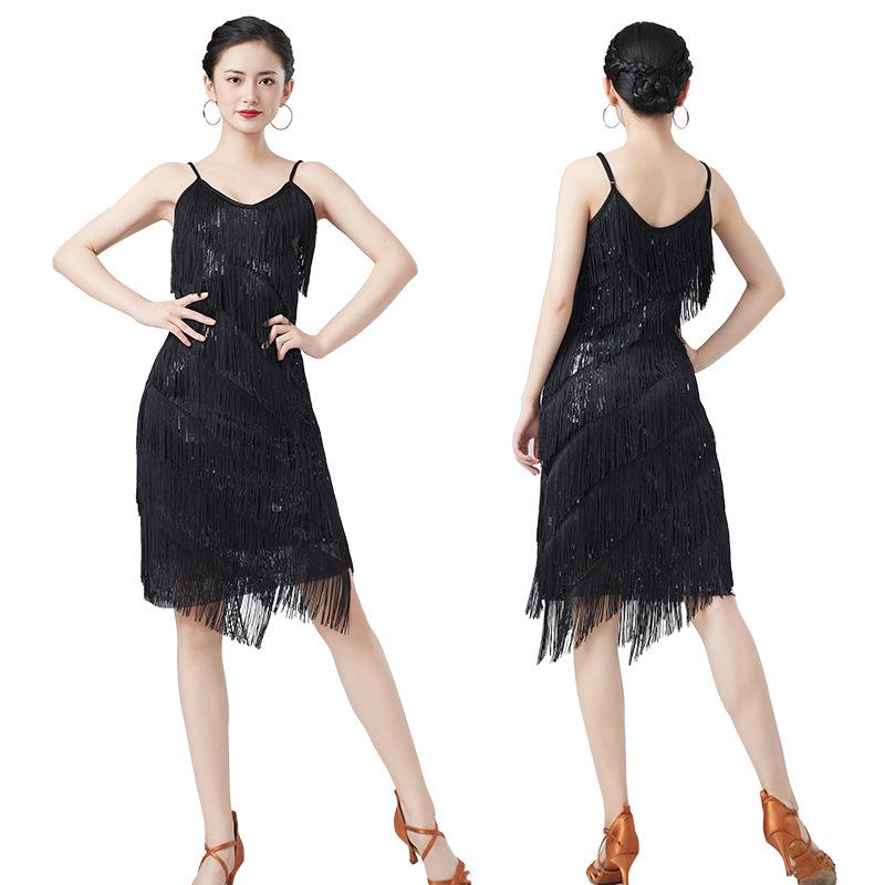 

Women s Sexy Sequins Latin Dance Dress 1920s Gatsby Cocktail Ballroom Salsa Tango Cha Cha Rumba Samba Dancewear XXXL чёрный