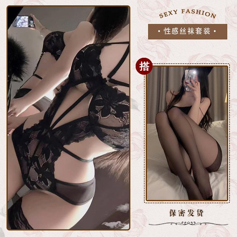 Hollow and thin sexy underwear sexy onesie temptation strap perspective lace free purple n
