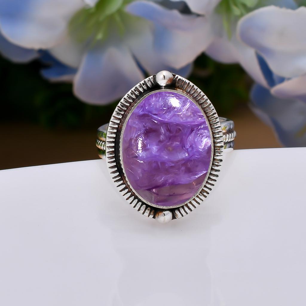 Purple Charoite - Siberia 925 Sterling Silver Ring V5077, Purple Ring, Oval Ring, Valentin's Day Gift, Gift For Her, Birthday Gift, Handmade Jewelry,