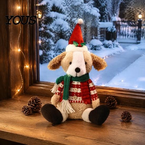 Plush Dog with Sweater Christmas Stuffed Animal Toy, Soft Puppy Doll Santa Hat for Gift Scarf Table, Fireplace, Holiday Party Decor, Lovers